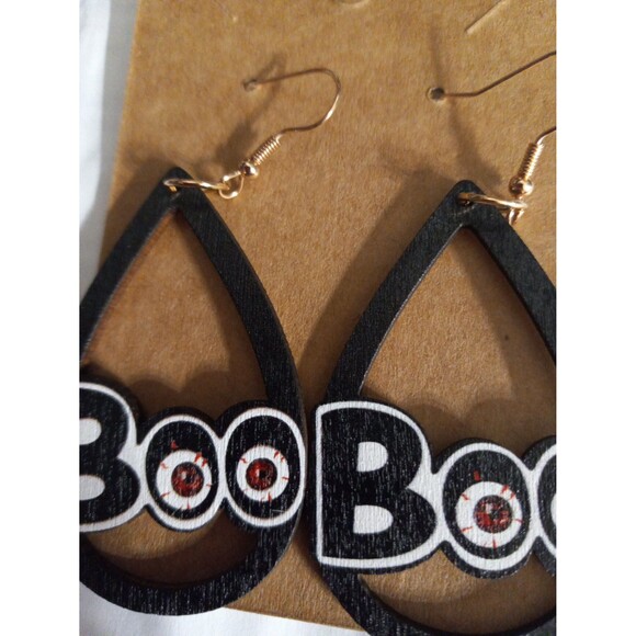 Halloween Dangle Earrings Boo Wooden 3 Inch Drop x 1.25 Inches Wide - Picture 2 of 5